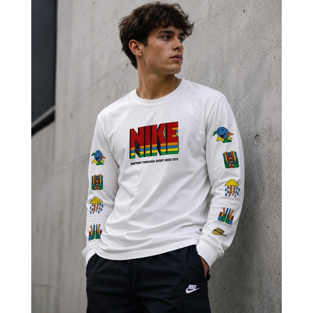 Nike Mens Long Sleeve Graphic Tee White Multi Color Logo DX1051-100 XL